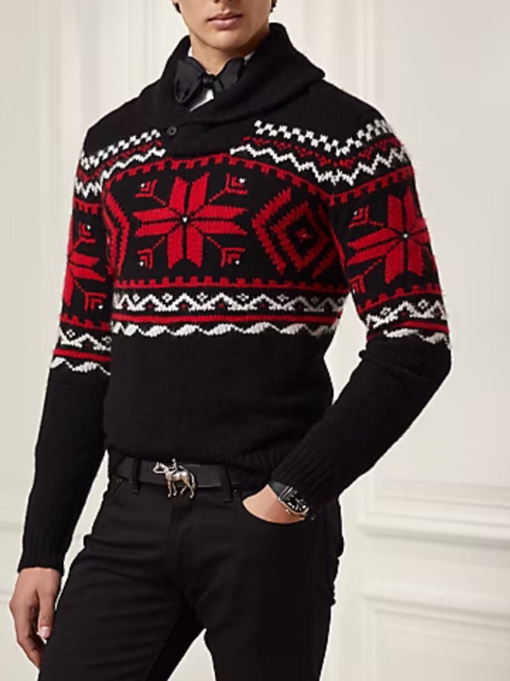 Ralph Lauren Purple Label Snowflake Print Shawl Collar Cashmere Sweater Jumper